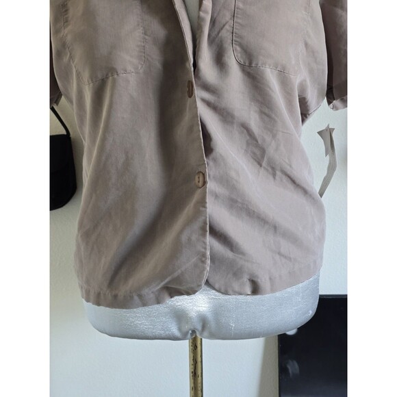 Anna Vintage 1970s 70s Rayon Tan Short Sleeve Fitted Button Up Shirt Blouse L - Picture 4 of 9